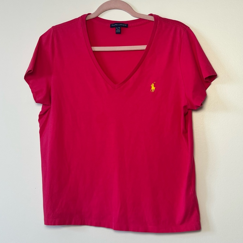 Ralph Lauren Women's Hot Pink V-Neck Tee Size XL